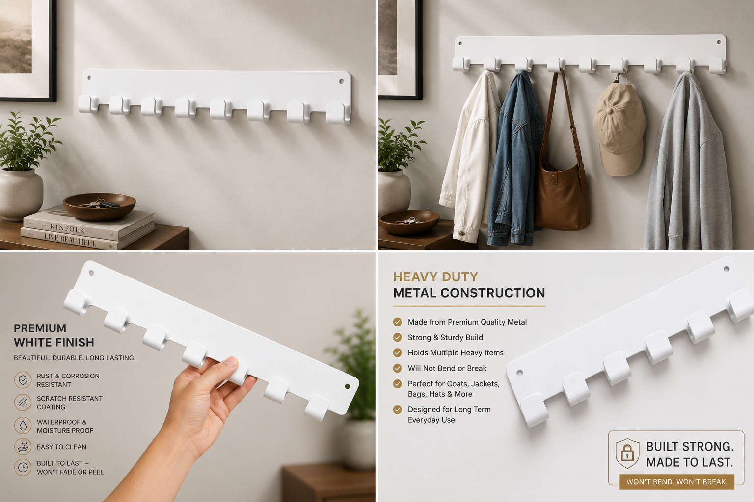 Wall Mounted Multi Hook Rack - White