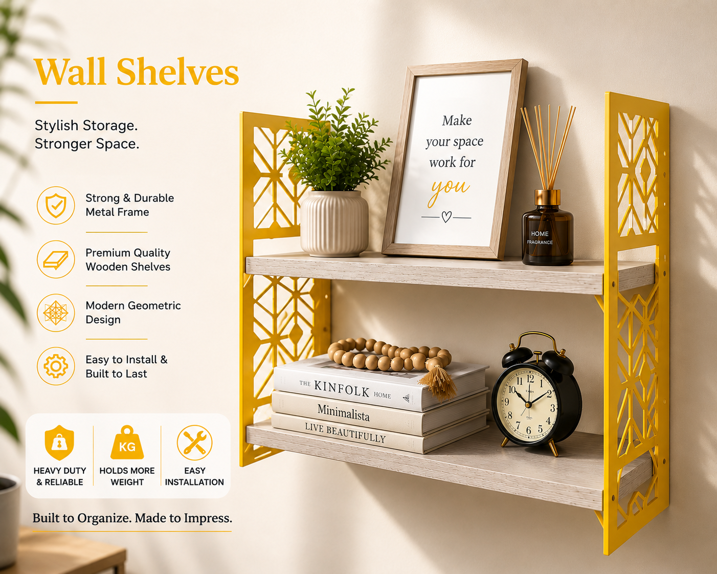 Stylish Wall Shelf with Yellow Frame