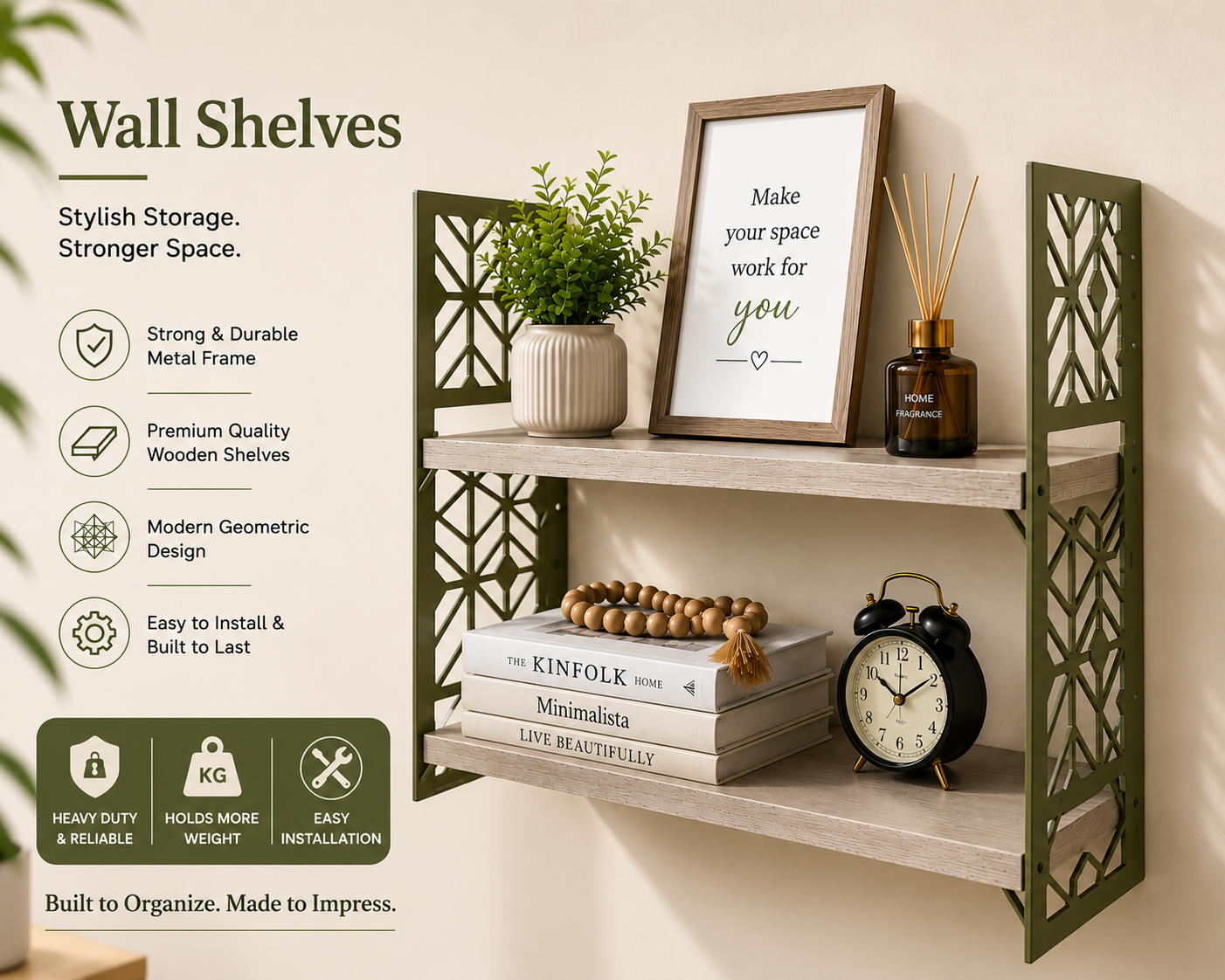 Stylish Wall Shelf with Olive Green Frame