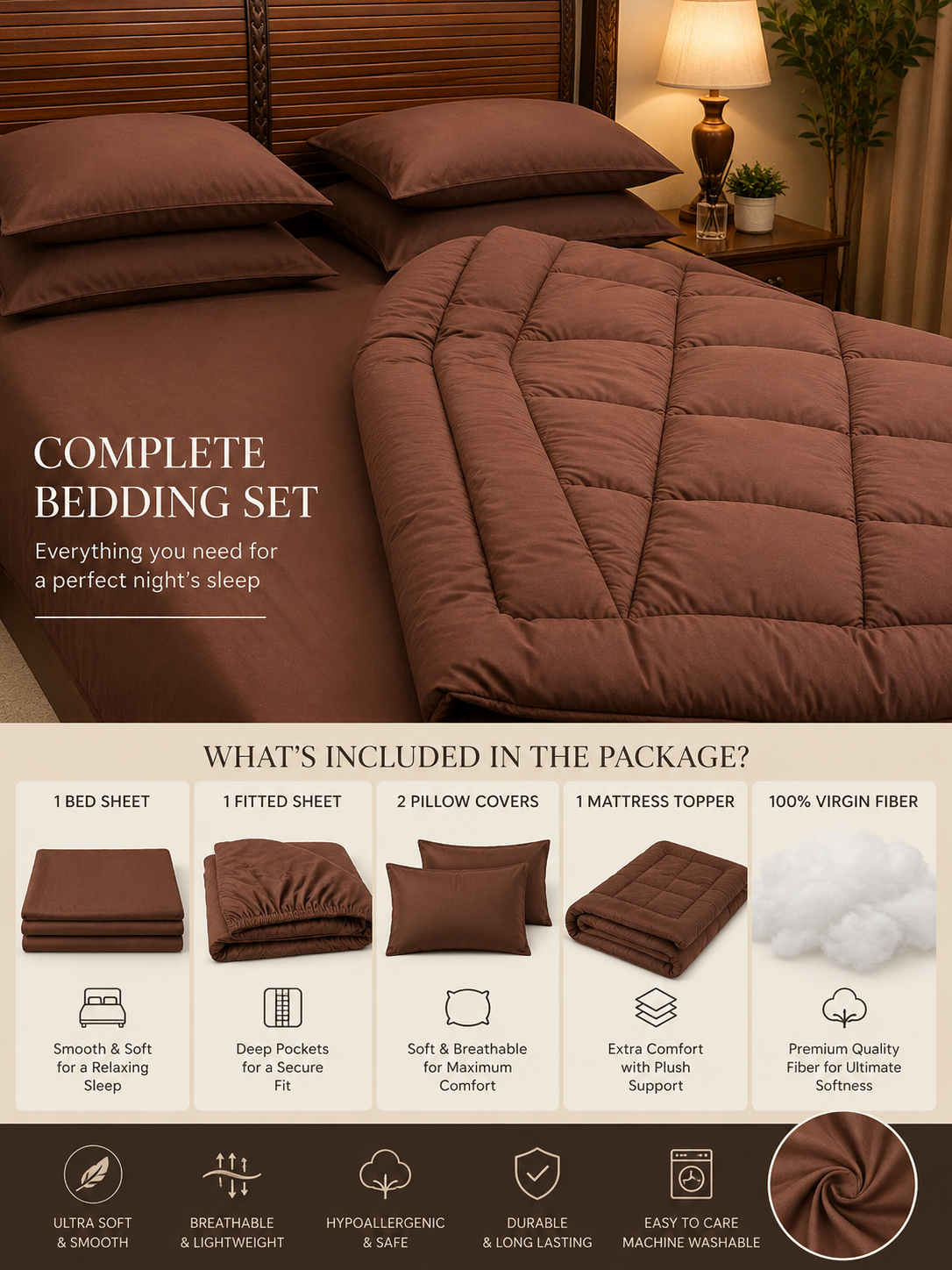 5 PCS COMPLETE BED SET - BROWN
