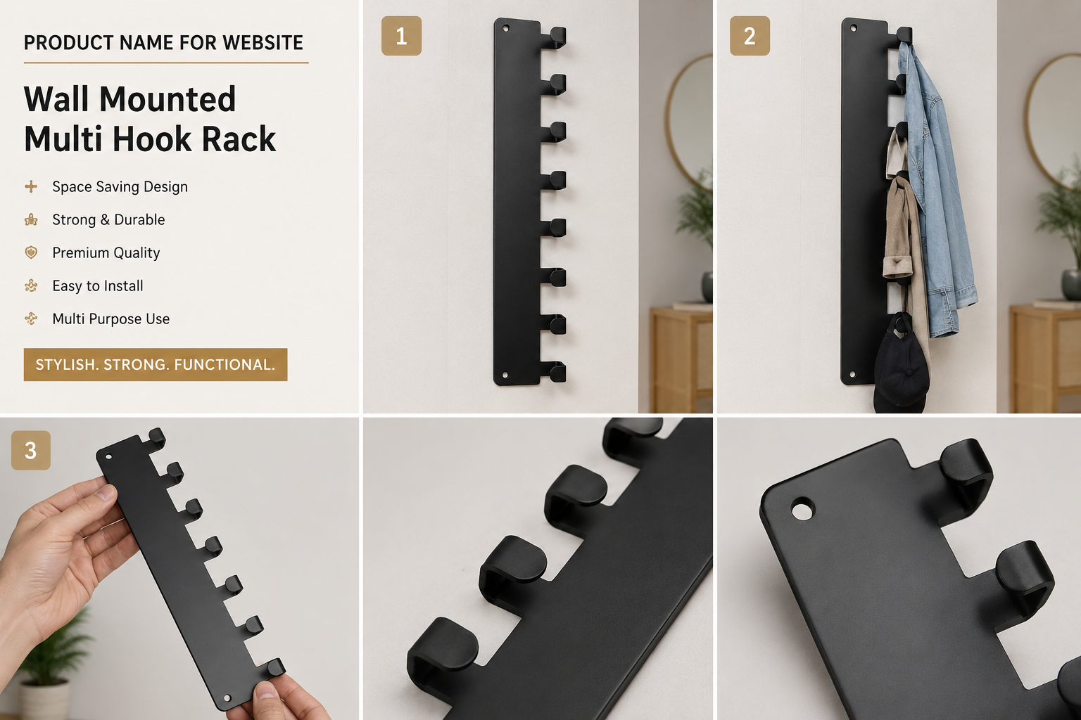 Wall Mounted Multi Hook Rack - Black