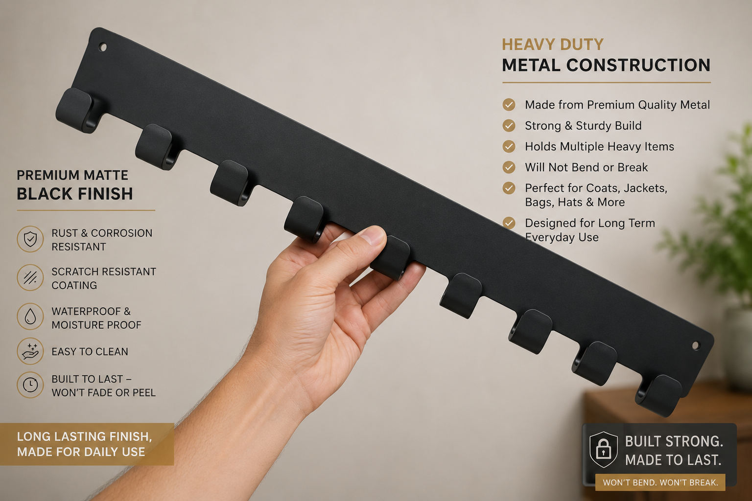 Wall Mounted Multi Hook Rack - Black