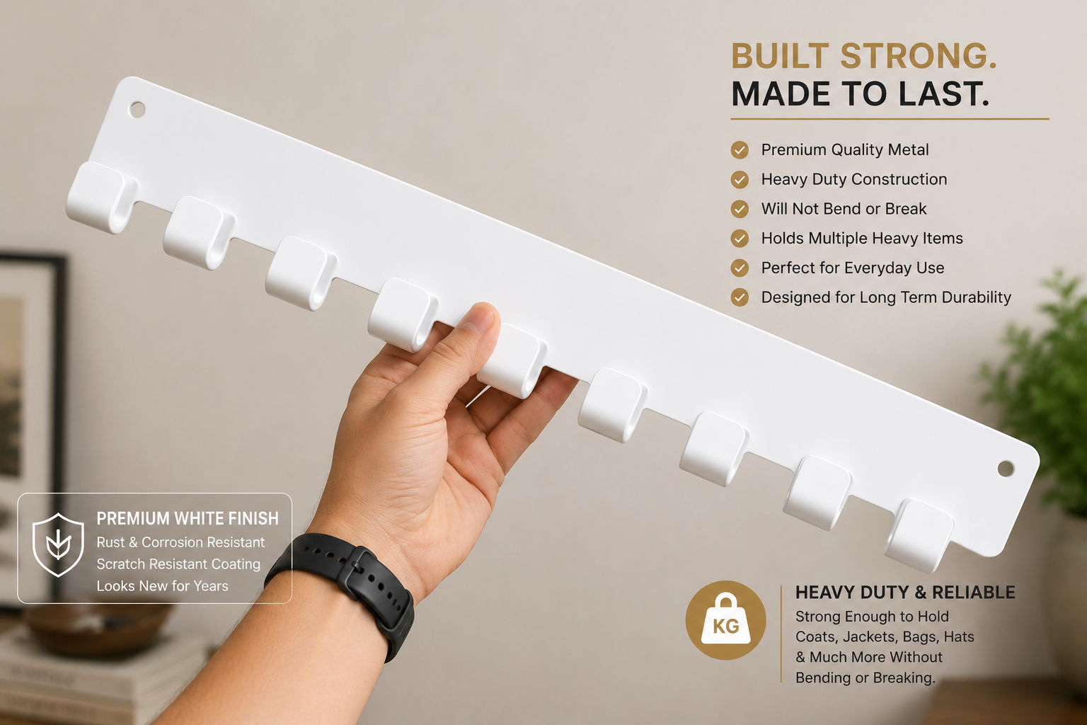 Wall Mounted Multi Hook Rack - White