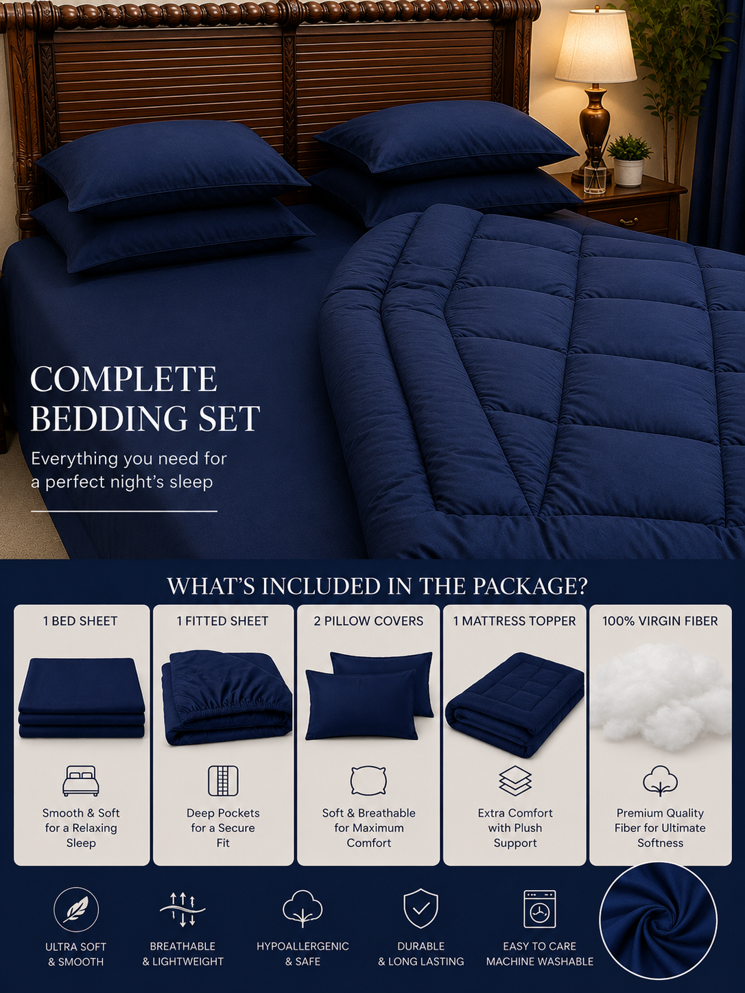 5 PCS COMPLETE BED SET - NAVY