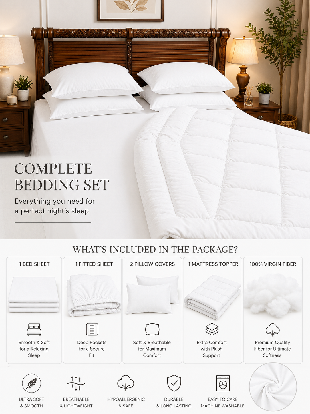 5 PCS COMPLETE BED SET - WHITE