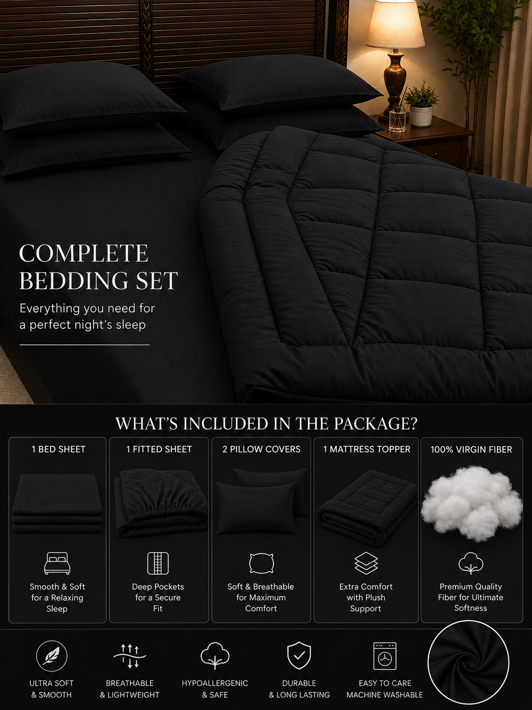 5 PCS COMPLETE BED SET - BLACK