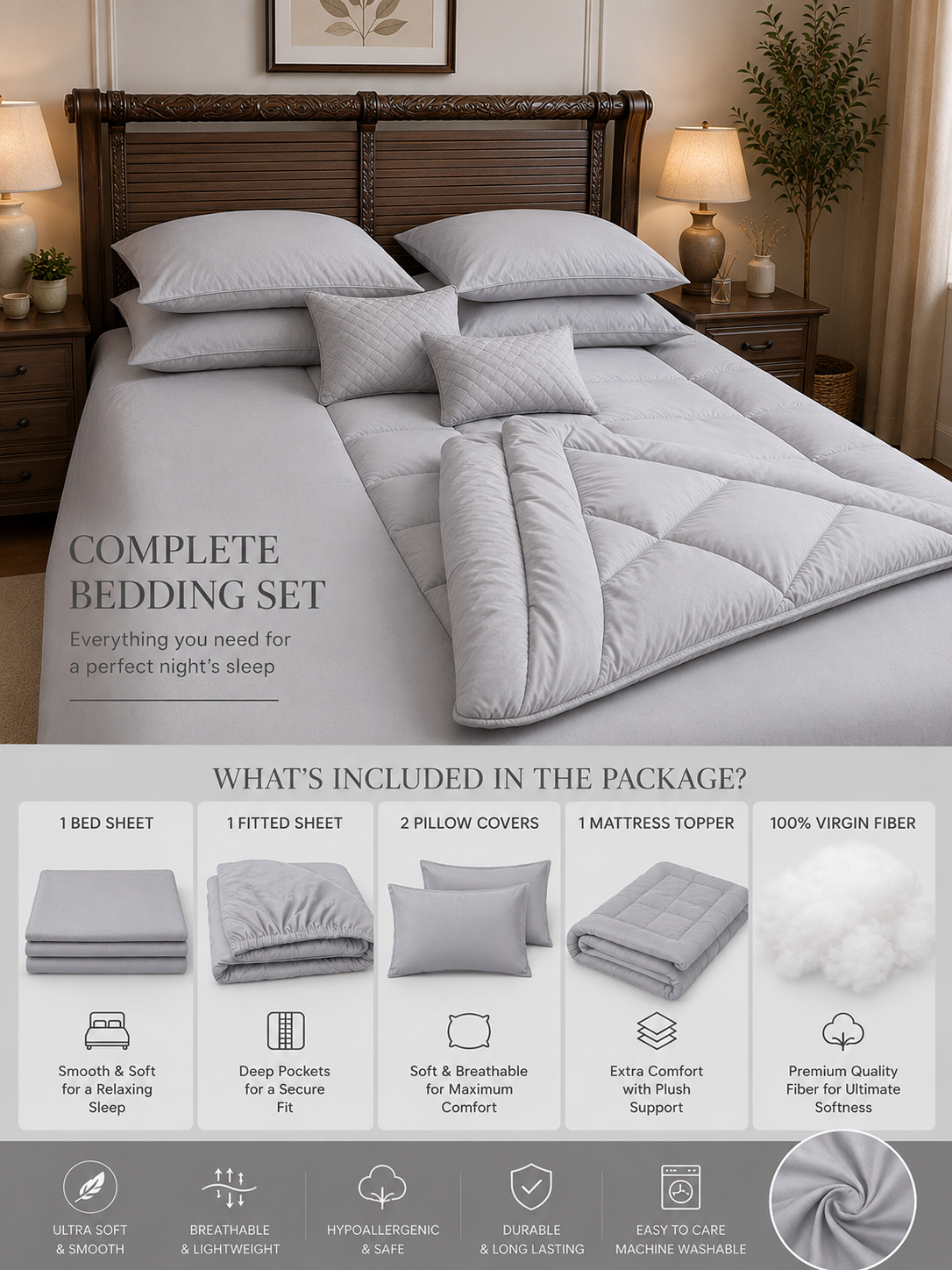 5 PCS COMPLETE BED SET - SILVER