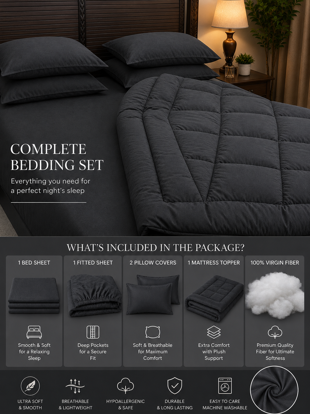 5 PCS COMPLETE BED SET - CHARCOAL