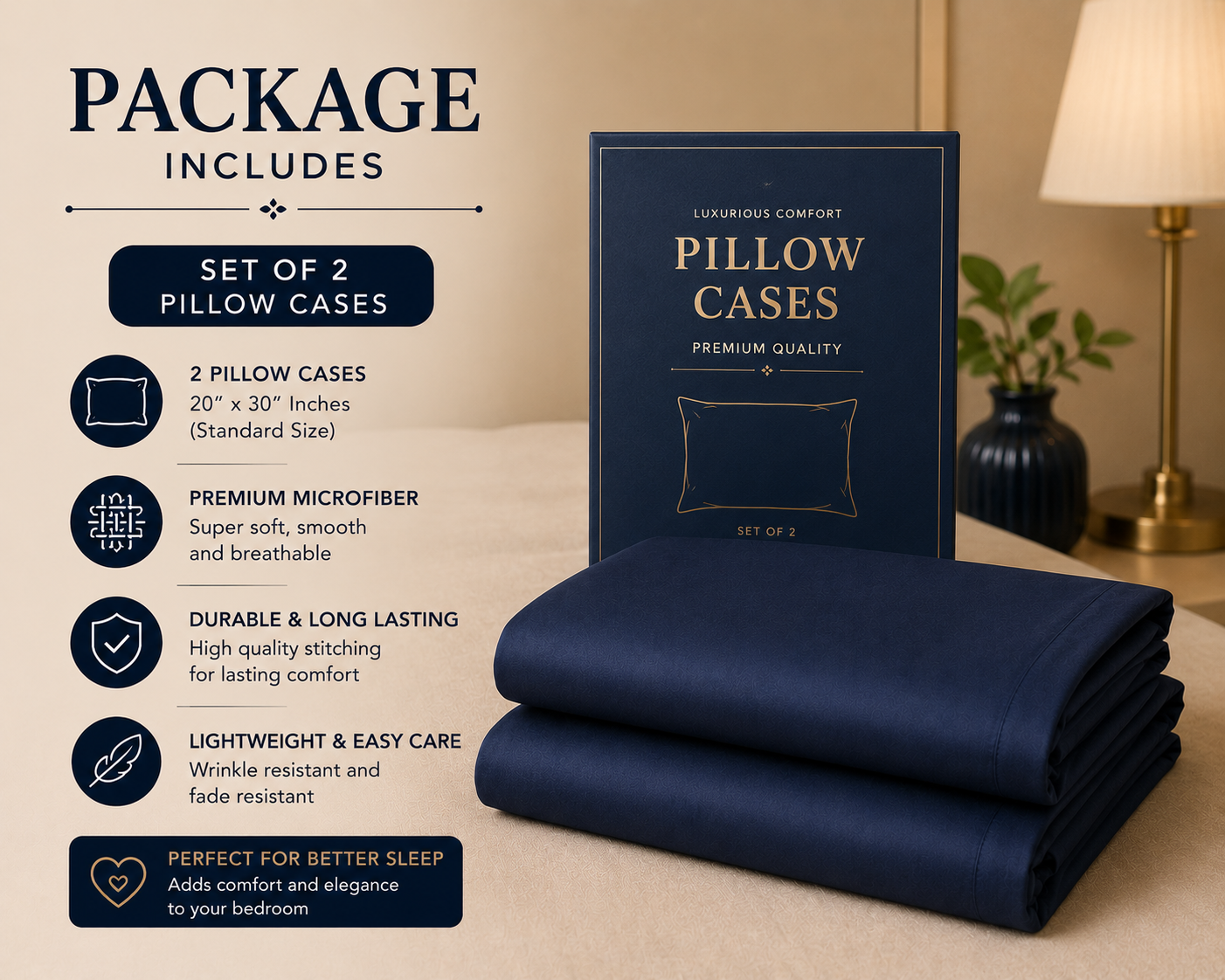 Premium Microfiber Pillow Cases – Set of 4 - Navy