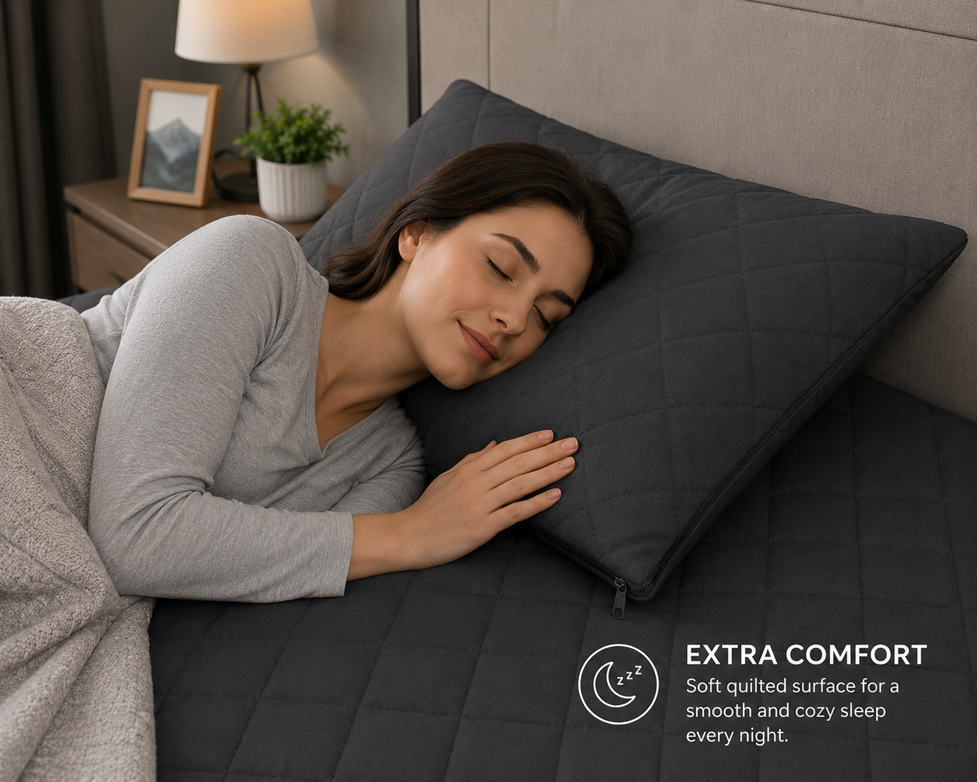 Quilted Pillow Protector – 3 Layer Zippered Pillow Cover Charcoal